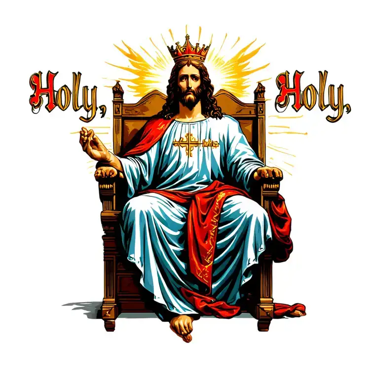 "Holy, Holy, Holy"  Christ sitting on his throne in heaven and dressed like a king. he is shining brighter than the sun.  tattoo design idea