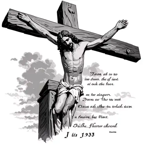Jesus on the cross with an empty tomb- and bible verse John 19:30 "It is finished" and Bible verse proverbs 4:23  tattoo design idea