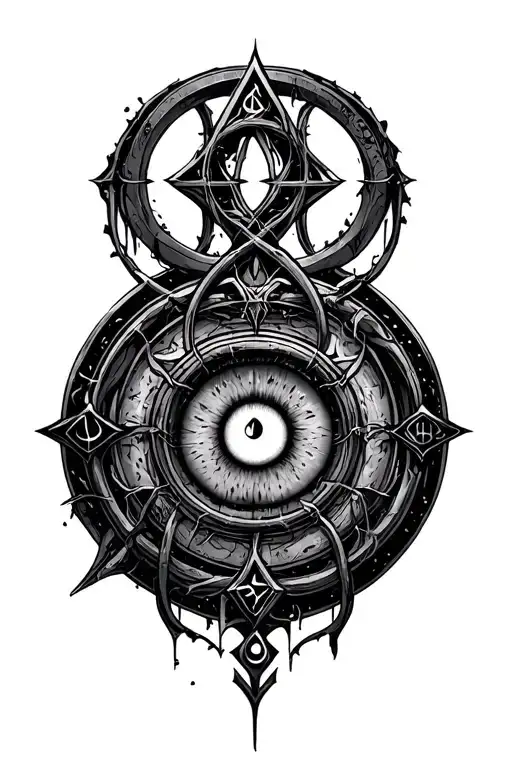 an alchemical circle containing multiple rings, that has the Eye Rune from Bloodborne as a center piece tattoo design idea
