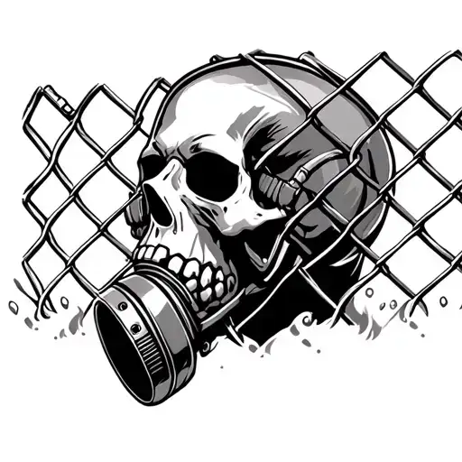 skull wearing gas mask behind fence negative space tattoo design idea