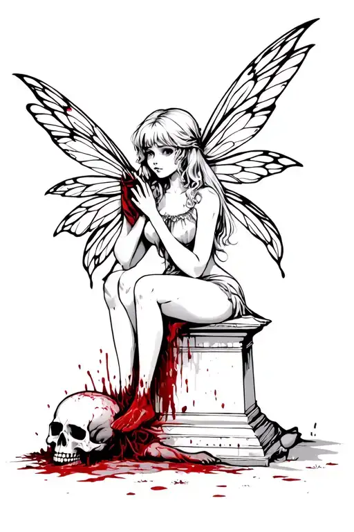 Fairy sitting on a tombstone holding a bloody skull with a headless corpse on ground tattoo design idea