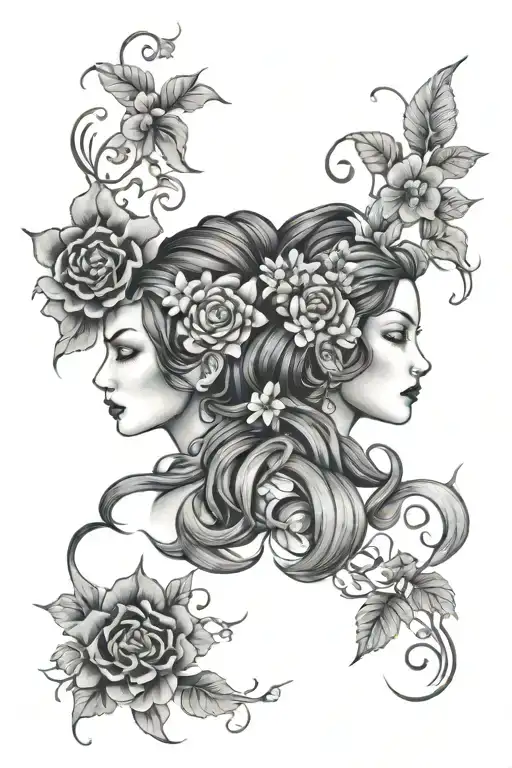 gemini female twins hair entangled floral oriental tattoo design idea