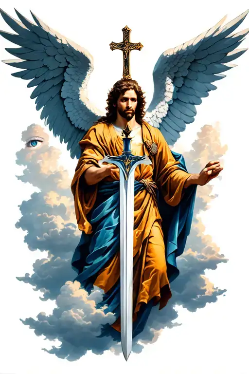 Archangel Miguel with a sword and a cross, and clouds and a large eye above tattoo design idea