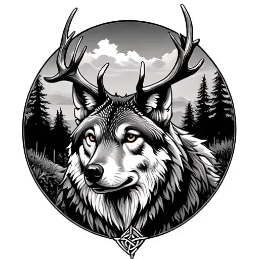 wolf with stag on its head, trees in background, celtic bands tattoo design idea