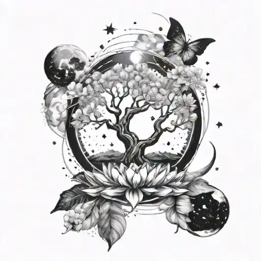 Meditation charas lotus flower tree of life surrounded by the universe with Crescent moon planets and stars half sleeve  tattoo design idea
