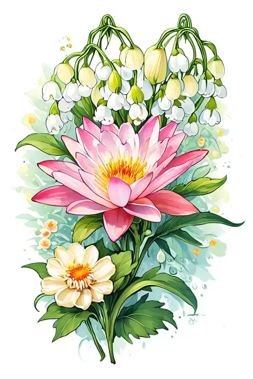 Water Lily, Lily of the Valley, Cosmos, and Sweet Pea tattoo design idea