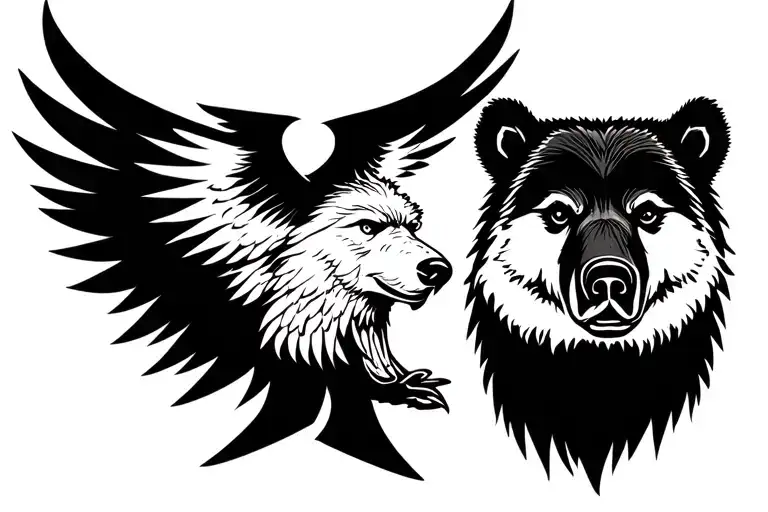 black thunderbird on middle of thigh above knee. black line going around leg below. wolf on right, bear on left tattoo design idea