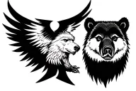 black thunderbird on middle of thigh above knee. black line going around leg below. wolf on right, bear on left tattoo design idea