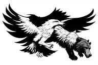 black thunderbird on middle of thigh above knee. black line going around leg below. wolf on right, bear on left tattoo design idea