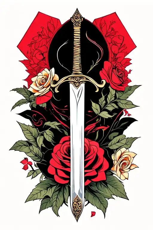 A minimalist design of the Mulan family sword intertwined with a rose from Beauty and the Beast tattoo design idea