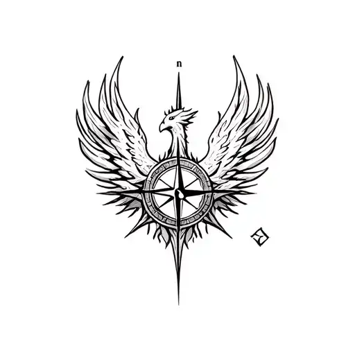 a Phoenix rising from the flames  with a compass in the centre symbolizing always having a direction  tattoo design idea