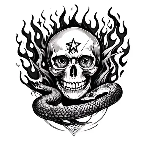 full sleeve tattoo featuring skull, flames and stars as well as a snake and an eye tattoo design idea