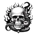 full sleeve tattoo featuring skull, flames and stars as well as a snake and an eye tattoo design idea