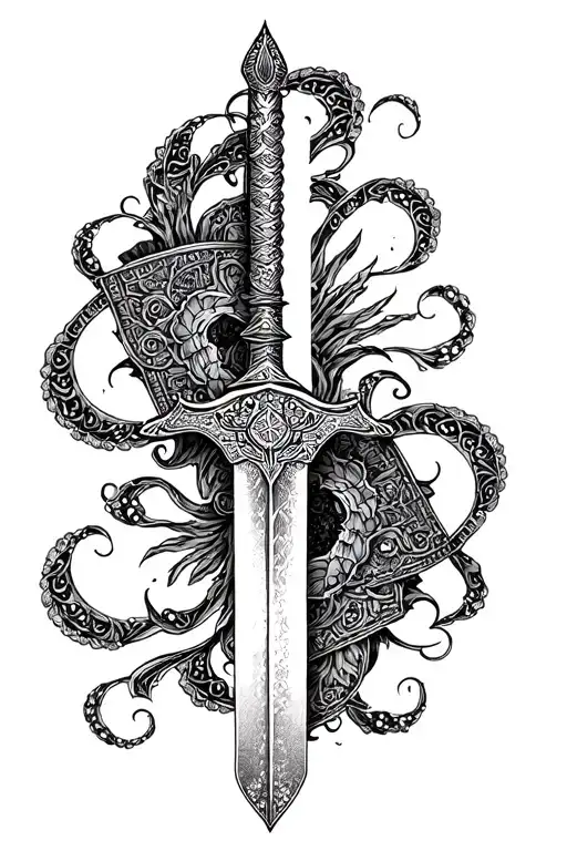 "Black and white tattoo design of an Achaemenid sword (Persian sword), vertical on the forearm, surrounded by Persian cu tattoo design idea