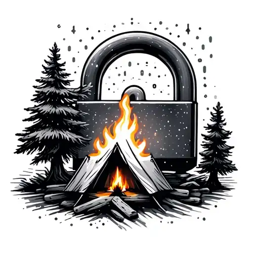 campfire under a digital constellation (shaped like a padlock).Beside the fire, a tiny tent and pine tree binary line tattoo design idea