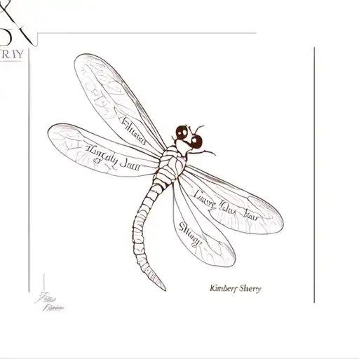 "Kimberly Sherry Laura" dragonfly with wings that have text in them tattoo design idea