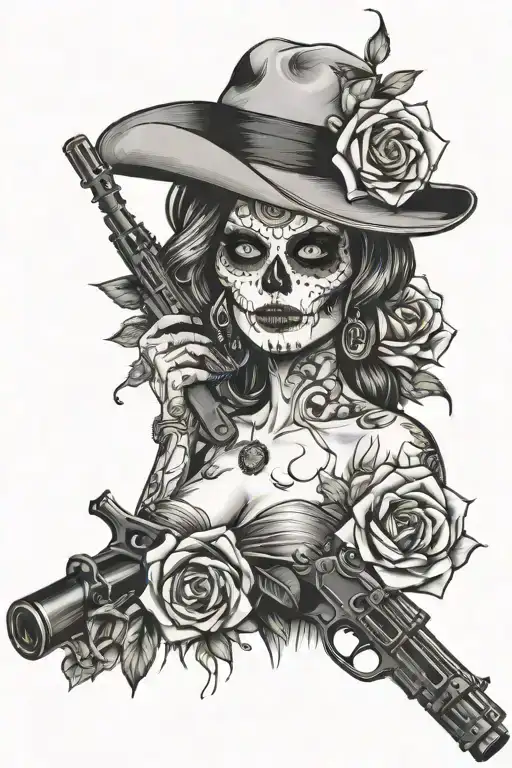 Sexy lady Skull roses with liquor bottle and gun tattoo design idea