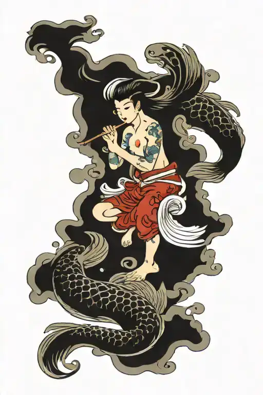 a sexy siren man swimming with fish swimming upstream tattoo design idea