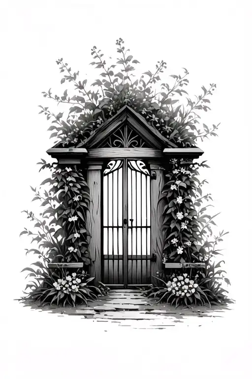 overgrown wooden garden gate tattoo design idea