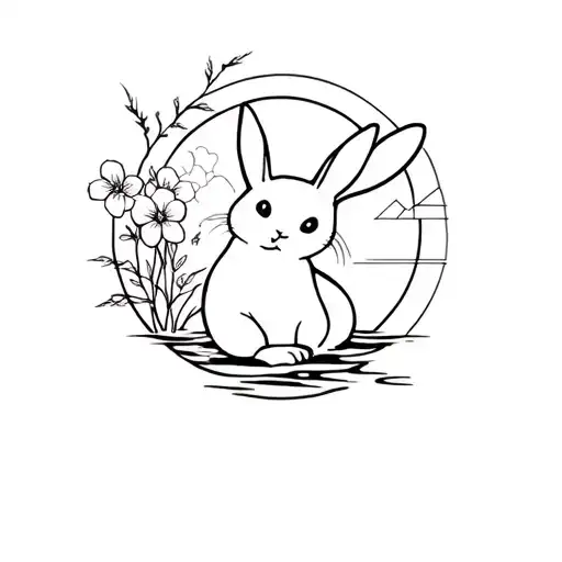 black and white tattoo of a rabbit. Japanese style water with some flowers. Geometric background tattoo design idea
