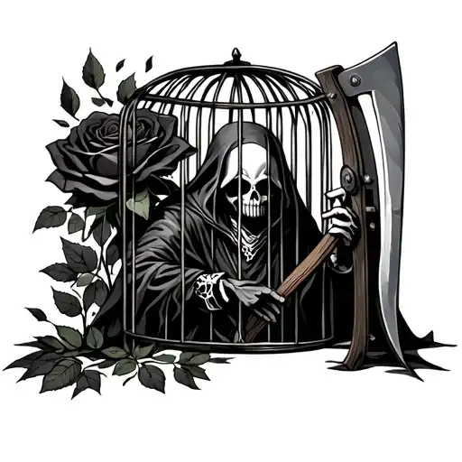 grim reaper in a cage with a rose as the door lock and scythe leaning against cage tattoo design idea