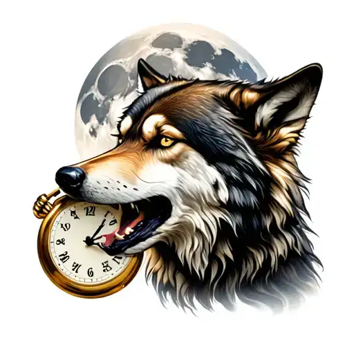 In the style of realism, a fierce wolf howling at the moon as a tattoo in the crook of the leg. with a pocket watch  tattoo design idea