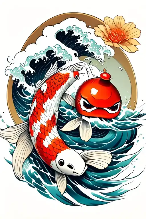 koi fish swimming upstream and daruma doll and wave tattoo design idea