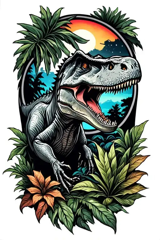 jurassic park style tattoo with some plants, a T-rex and the night sky tattoo design idea