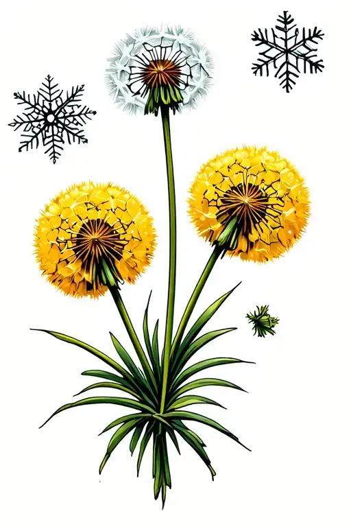 one yellow dandelion flower with one small blade of grass wrapped around dandelion stem. 2 snowflakes tattoo design idea