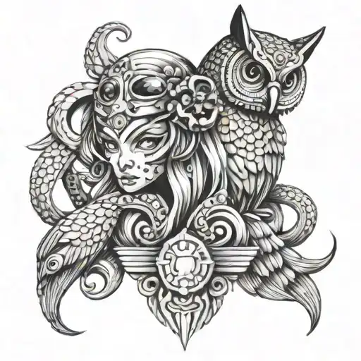 athena with cat owl and octopus cybersecurity tattoo design idea