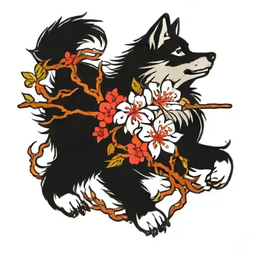 wolf cherry blossom neo Japanese tattoo design idea