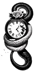 snake coiled with broken clock inside, rose surrounded tattoo design idea