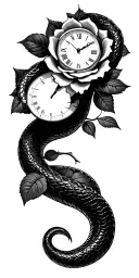 snake coiled with broken clock inside, rose surrounded tattoo design idea