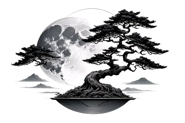 bonsai tree with infinite tsukuyomi moon surrounded tattoo design idea