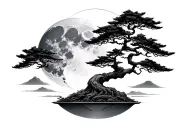 bonsai tree with infinite tsukuyomi moon surrounded tattoo design idea