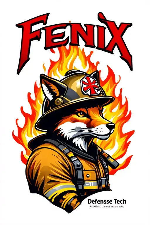 "Fenix Defense Tech" "Fenix Defense Tech" Fox wearing firefighter gear, surrounded by flames. Helmet has maltese cross fire symbol. tattoo design idea