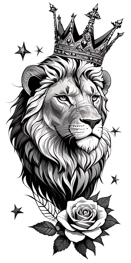 lion with a crown, stars, a rose, Capricorn, African art tattoo design idea