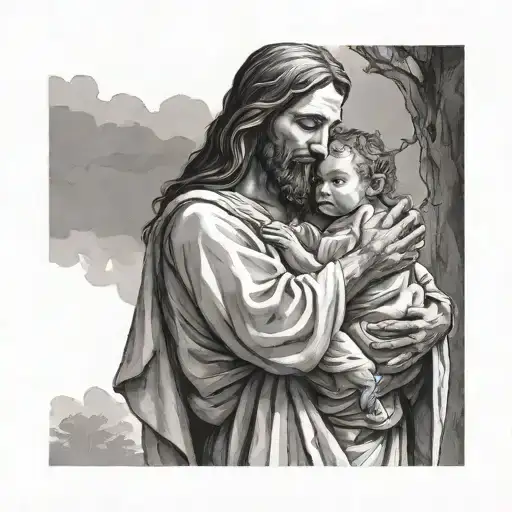 jesus holding twin baby girls tattoo design idea