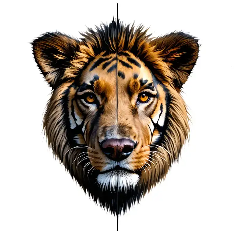 Head one half of the face of a lion another dog of the Staffars of Terrier with Tigerov tattoo design idea