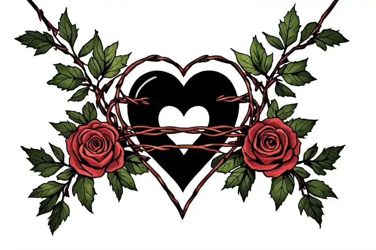 barbed wire rosevine sternum tattoo that curved into a heart in the middle tattoo design idea
