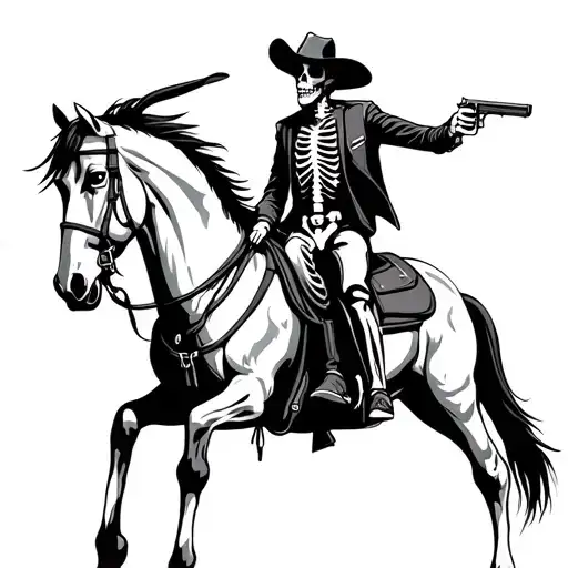 skeleton cowboy riding real horse with pistol in one hand tattoo design idea