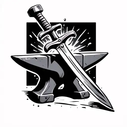 An anvil with a sword on it being struck by a blacksmith's hammer tattoo design idea