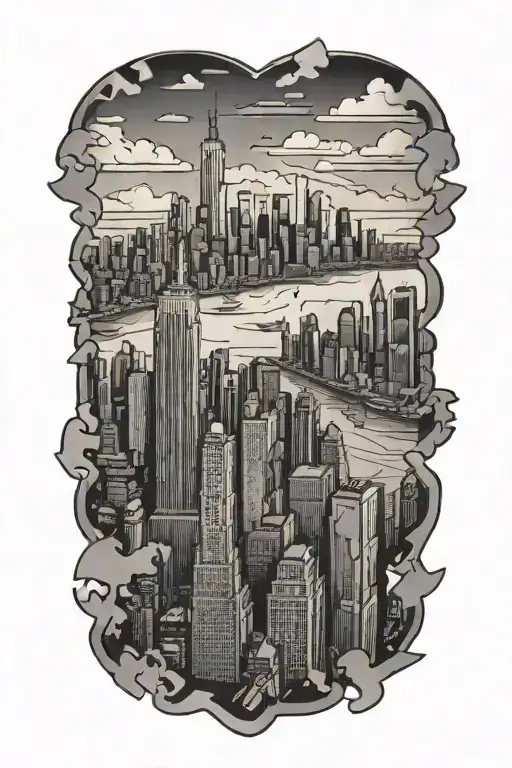 nyc skyline, puzzle piece anime inspired scene tattoo design idea