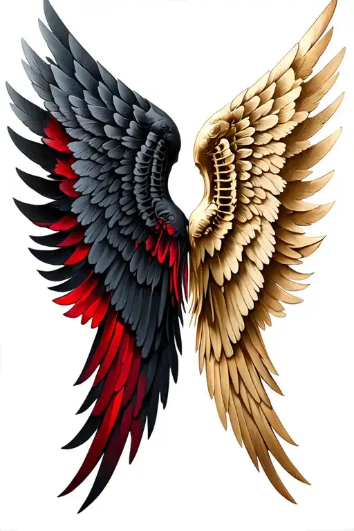 Two wings attached to the spinal bones. The left wing is dark, black with shades of red. The right wing is light, gold. tattoo design idea