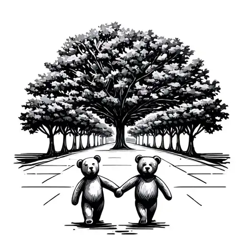 two teddy bears holding hands walking down an oak tree lined street tattoo design idea