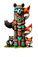 totem pole with bear then fox then raccoon then chipmunk then owl from bottom to top tattoo design idea