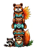 totem pole with bear then fox then raccoon then chipmunk then owl from bottom to top tattoo design idea
