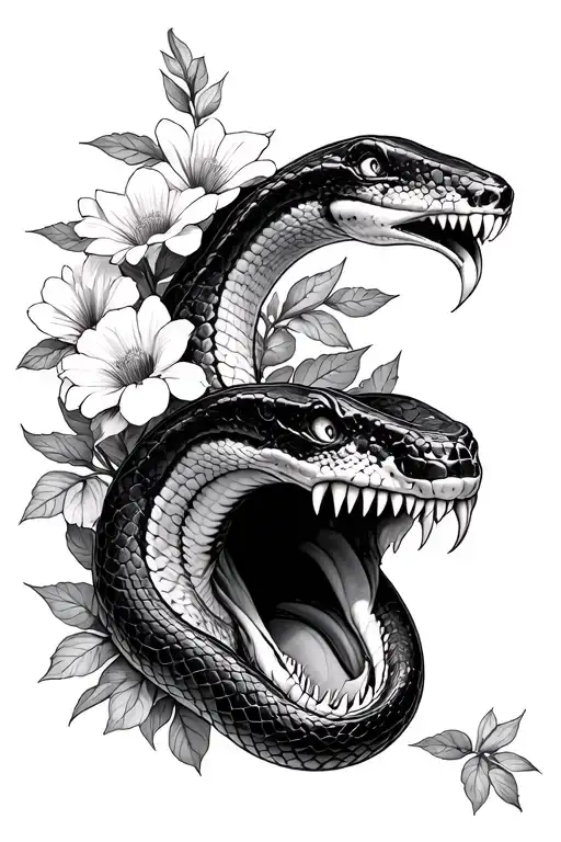 snake slithering up arm through flowers into open mouth fangs  tattoo design idea
