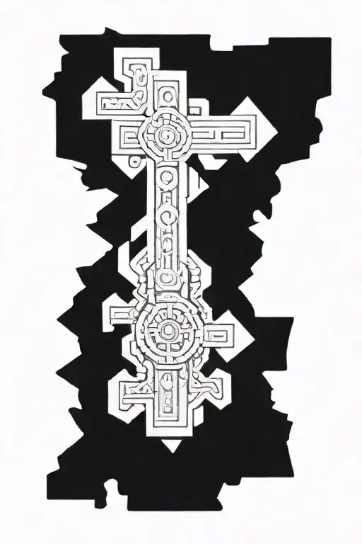 cross with Aztec symbols tattoo design idea