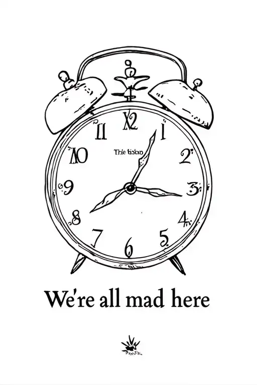 character alice of alice in the wonderland with clock at 13:28 and the text "we're all mad here" tattoo design idea